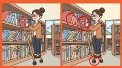 Kaksi kirjastonhoitaja-kuvaa, joissa erot on ympyröity punaisella.