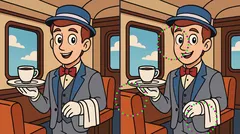 Retro tarjoilija junavaunussa pitelee kahvikuppia ja lautasliinaa