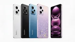 Viisi Redmi-älypuhelinta eri väreissä vierekkäin, yksi näyttö edessä päällä