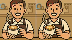 Hymyilevä barista pitelee kuppia sydän-latteartilla kahvilamiljöössä